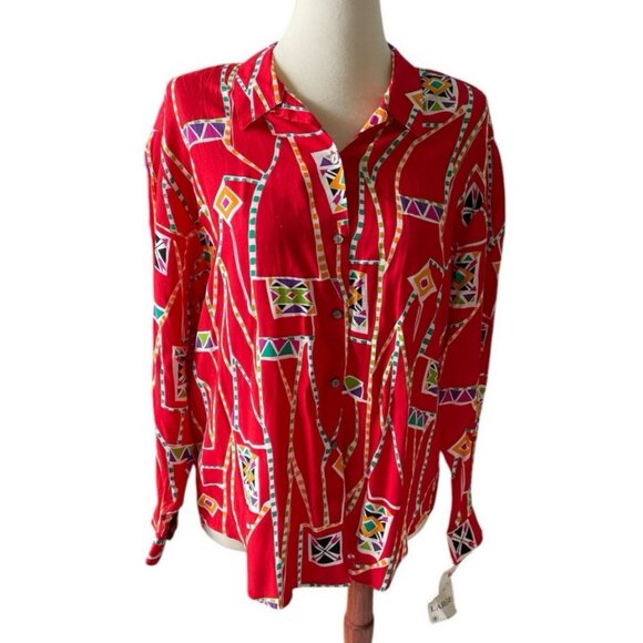 Vintage Dockers By Levis Red Geo 90's Button-Up Shirt L West Aztec Dead Stock - Picture 1 of 12